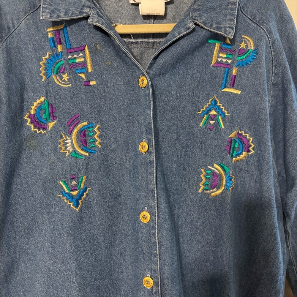 Embroidered Denim Button-Up Blouse